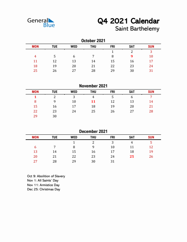2021 Q4 Calendar with Holidays List for Saint Barthelemy