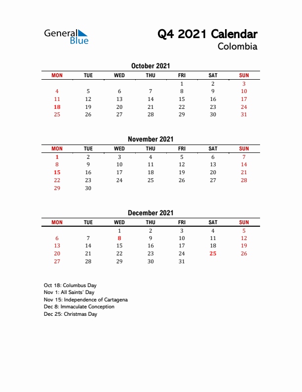 2021 Q4 Calendar with Holidays List for Colombia