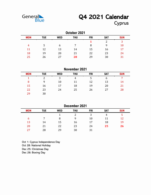 2021 Q4 Calendar with Holidays List for Cyprus
