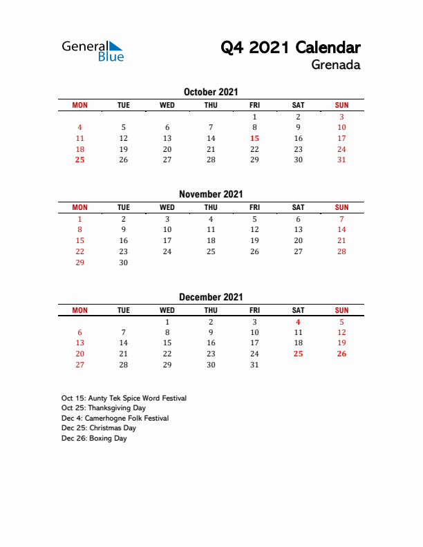 2021 Q4 Calendar with Holidays List for Grenada