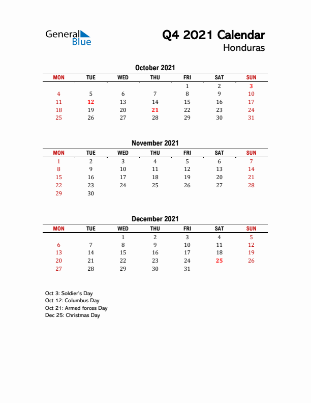 2021 Q4 Calendar with Holidays List for Honduras