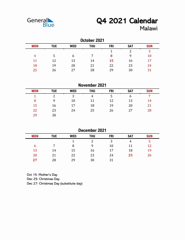 2021 Q4 Calendar with Holidays List for Malawi