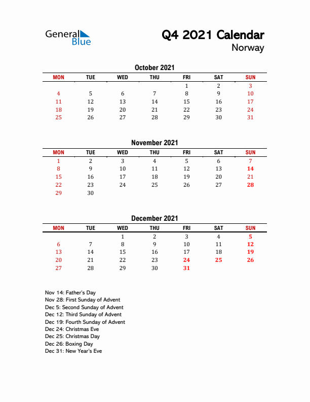 2021 Q4 Calendar with Holidays List for Norway