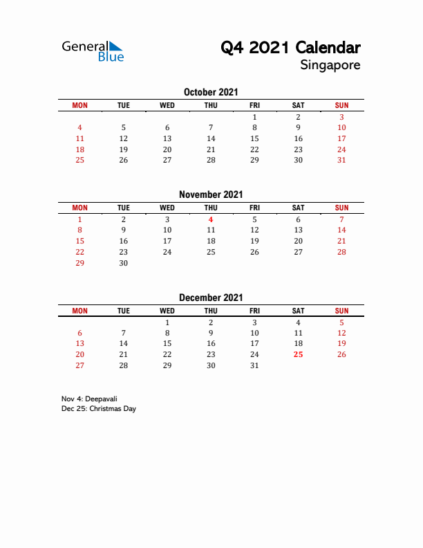 2021 Q4 Calendar with Holidays List for Singapore