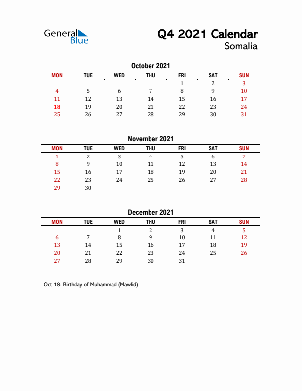 2021 Q4 Calendar with Holidays List for Somalia