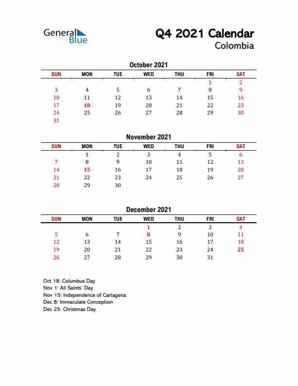 2021 Q4 Calendar with Holidays List for Colombia