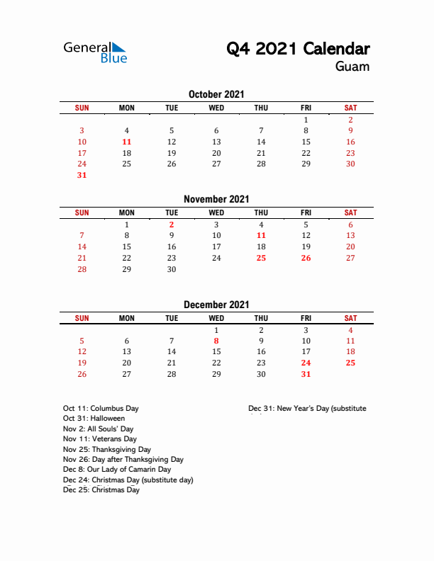 2021 Q4 Calendar with Holidays List for Guam