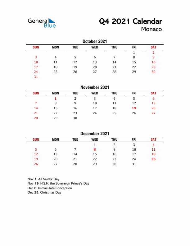 2021 Q4 Calendar with Holidays List for Monaco