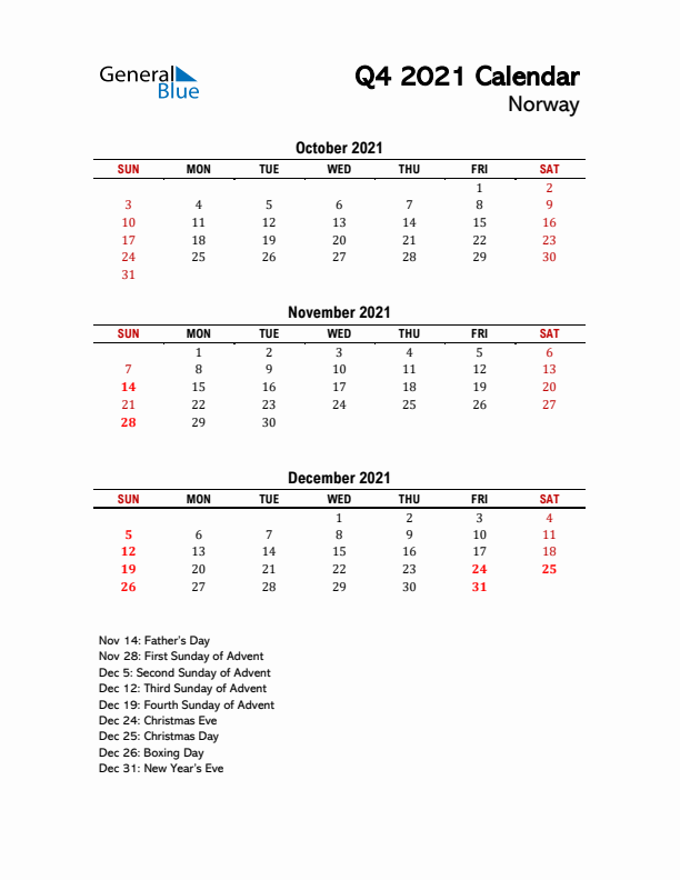 2021 Q4 Calendar with Holidays List for Norway