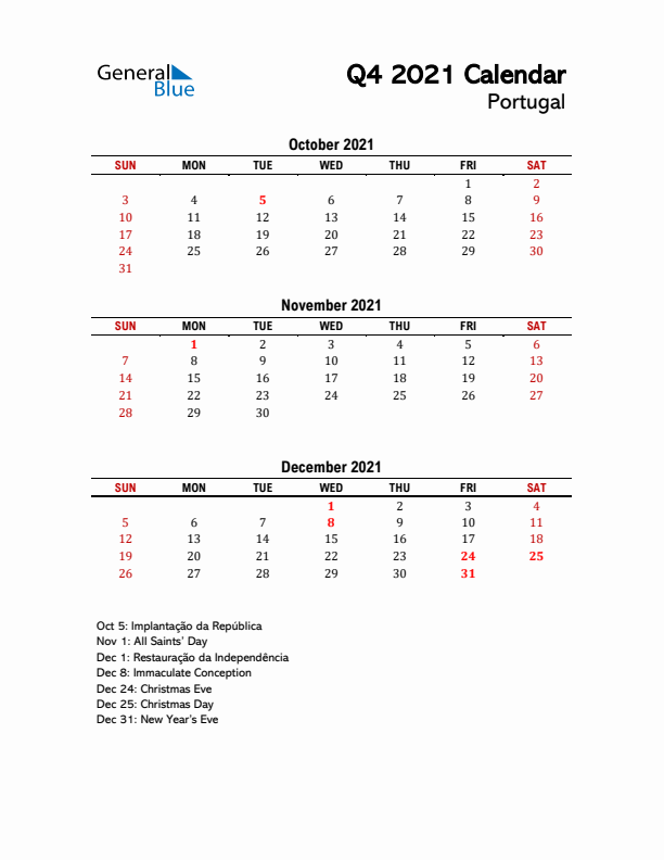 2021 Q4 Calendar with Holidays List for Portugal