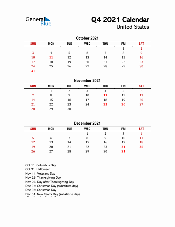 2021 Q4 Calendar with Holidays List for United States