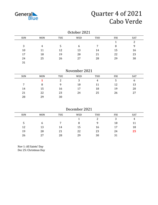  2021 Cabo Verde Quarterly Calendar