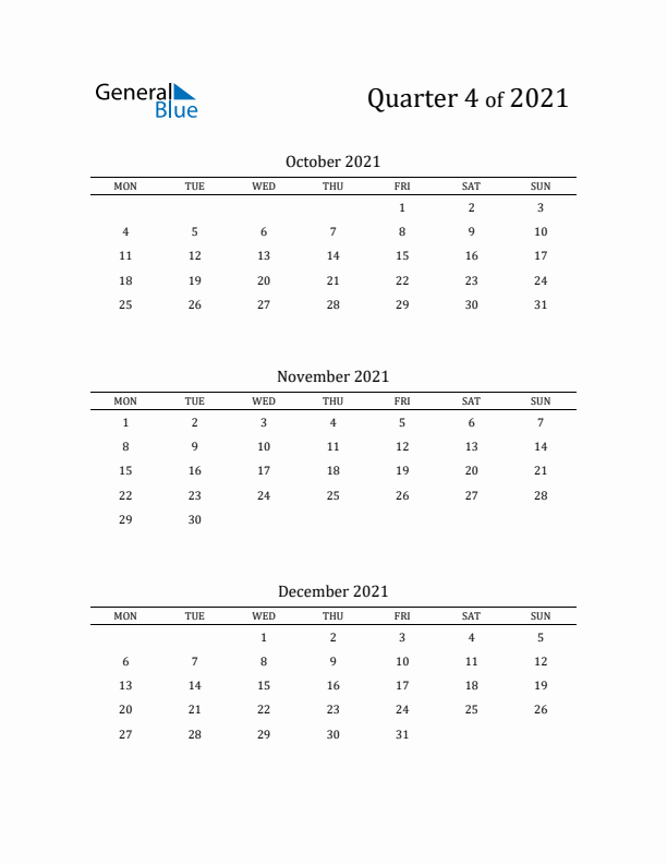2021 Three-Month Calendar with Monday Start - Quarter 4