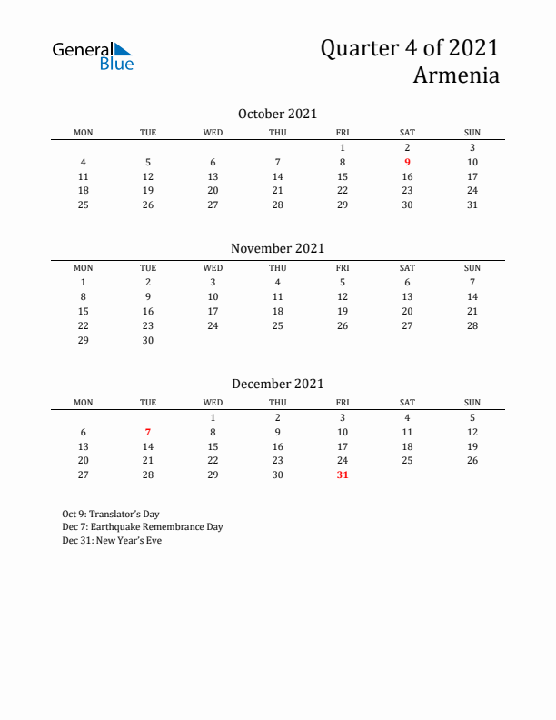 Quarter 4 2021 Armenia Quarterly Calendar