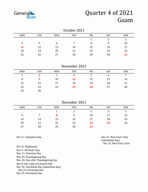 Quarter 4 2021 Guam Quarterly Calendar