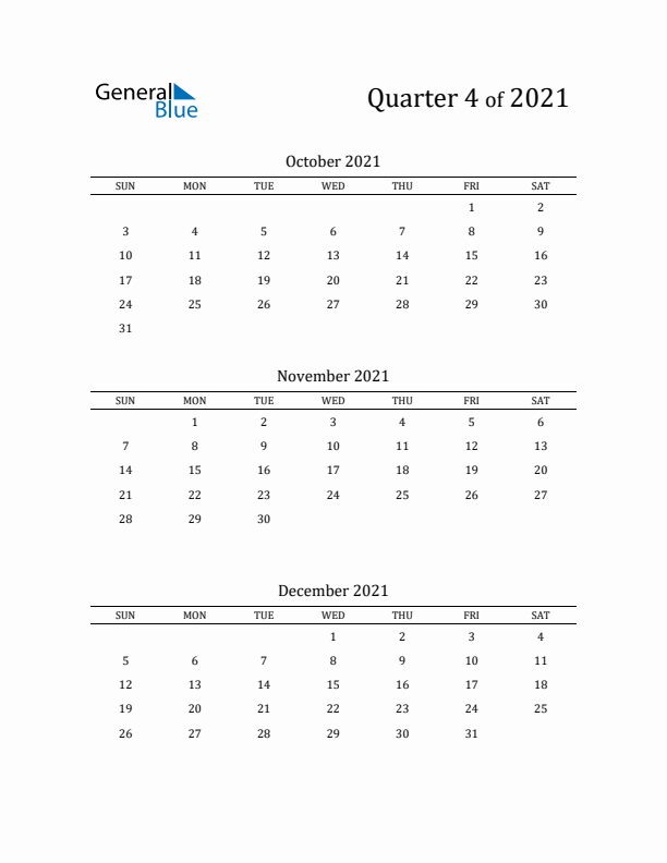 2021 Three-Month Calendar with Sunday Start - Quarter 4