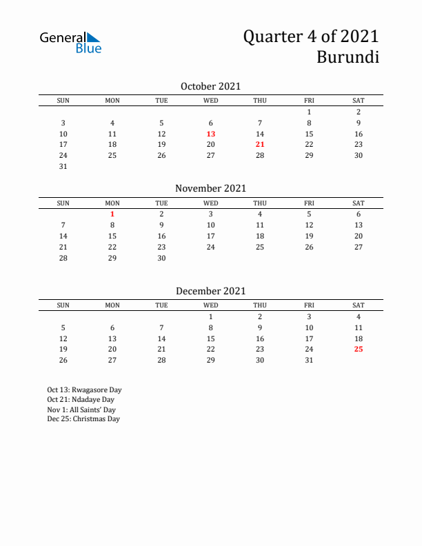Quarter 4 2021 Burundi Quarterly Calendar