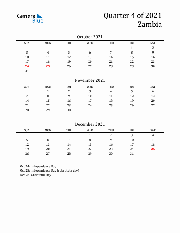 Quarter 4 2021 Zambia Quarterly Calendar