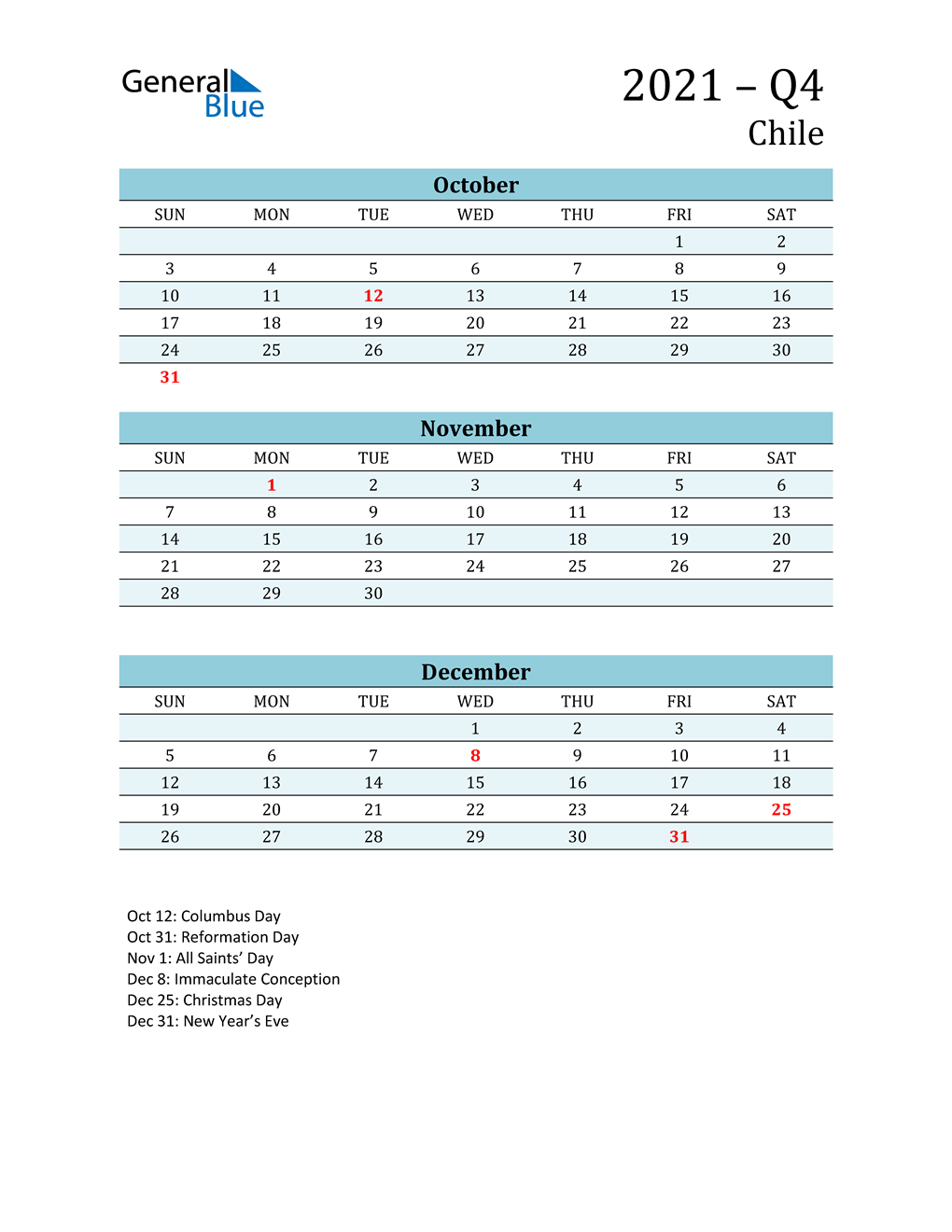  Three-Month Planner for Q4 2021 with Holidays