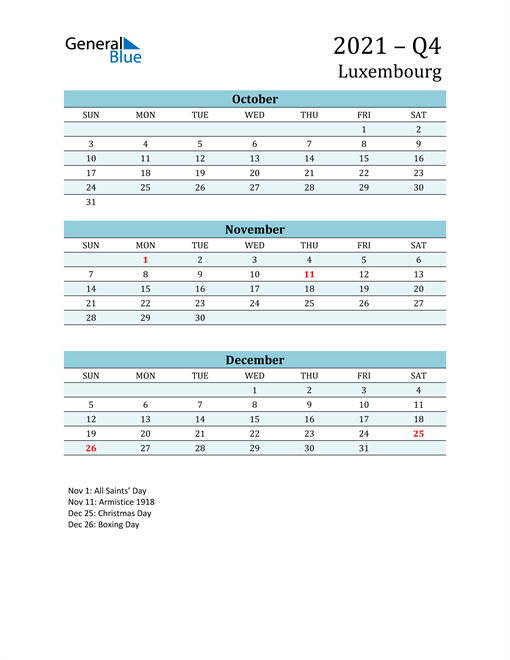  Three-Month Planner for Q4 2021 with Holidays