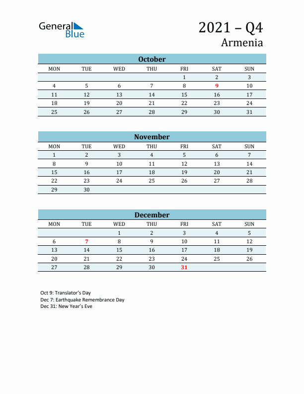 Three-Month Planner for Q4 2021 with Holidays - Armenia