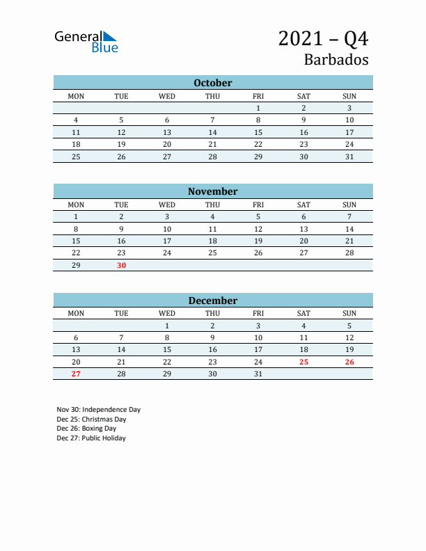 Three-Month Planner for Q4 2021 with Holidays - Barbados