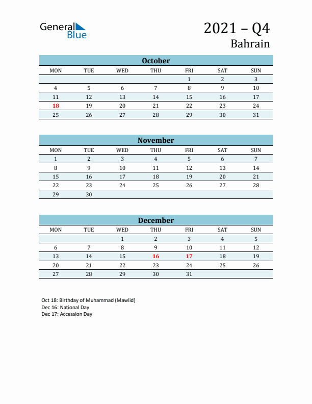 Three-Month Planner for Q4 2021 with Holidays - Bahrain