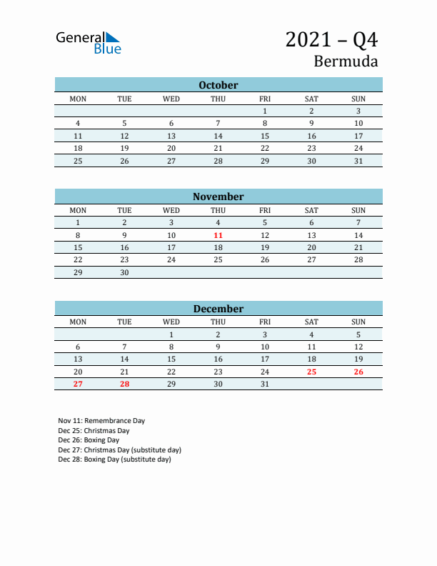 Three-Month Planner for Q4 2021 with Holidays - Bermuda