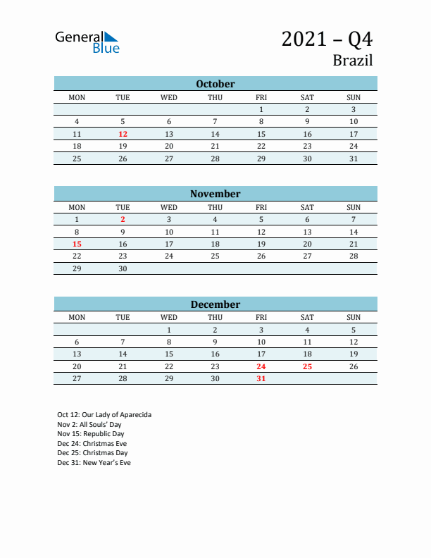 Three-Month Planner for Q4 2021 with Holidays - Brazil