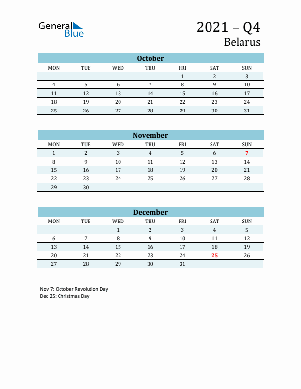 Three-Month Planner for Q4 2021 with Holidays - Belarus