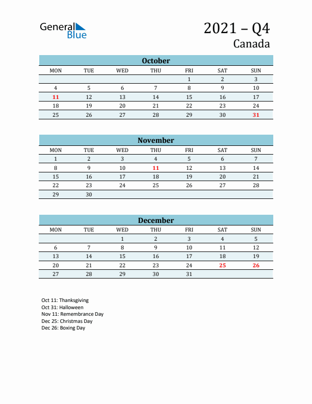 Three-Month Planner for Q4 2021 with Holidays - Canada