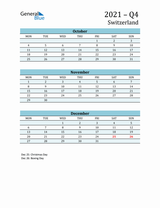 Three-Month Planner for Q4 2021 with Holidays - Switzerland