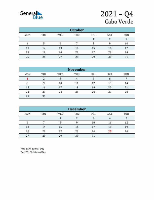 Three-Month Planner for Q4 2021 with Holidays - Cabo Verde