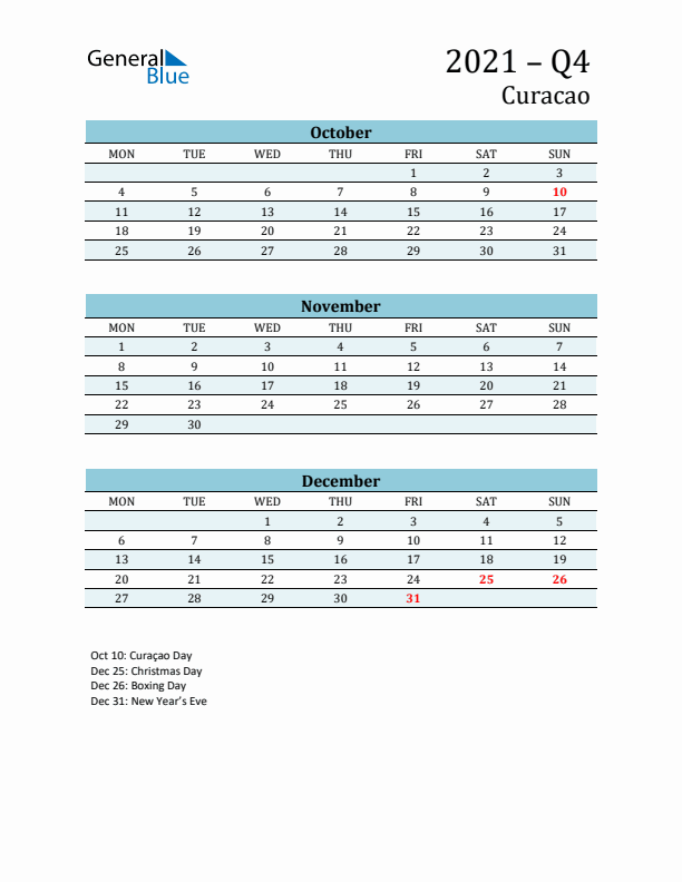 Three-Month Planner for Q4 2021 with Holidays - Curacao