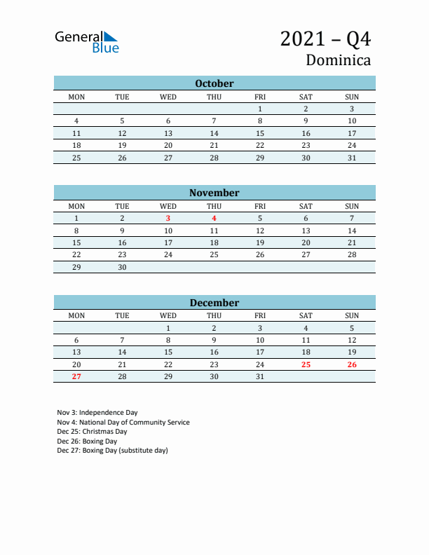 Three-Month Planner for Q4 2021 with Holidays - Dominica
