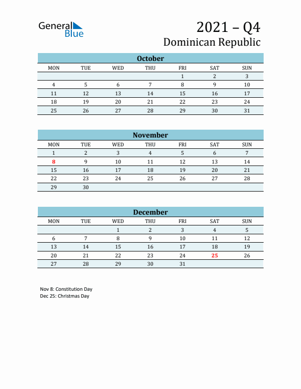 Three-Month Planner for Q4 2021 with Holidays - Dominican Republic
