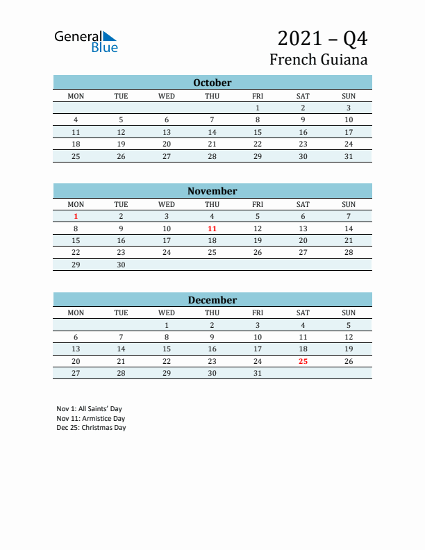 Three-Month Planner for Q4 2021 with Holidays - French Guiana