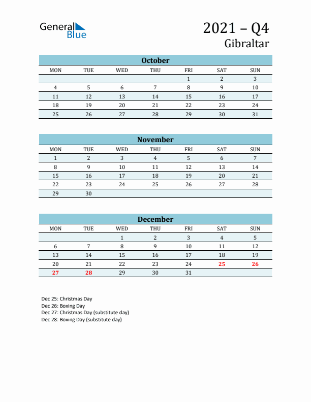 Three-Month Planner for Q4 2021 with Holidays - Gibraltar