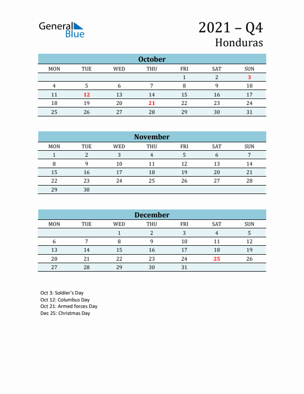 Three-Month Planner for Q4 2021 with Holidays - Honduras