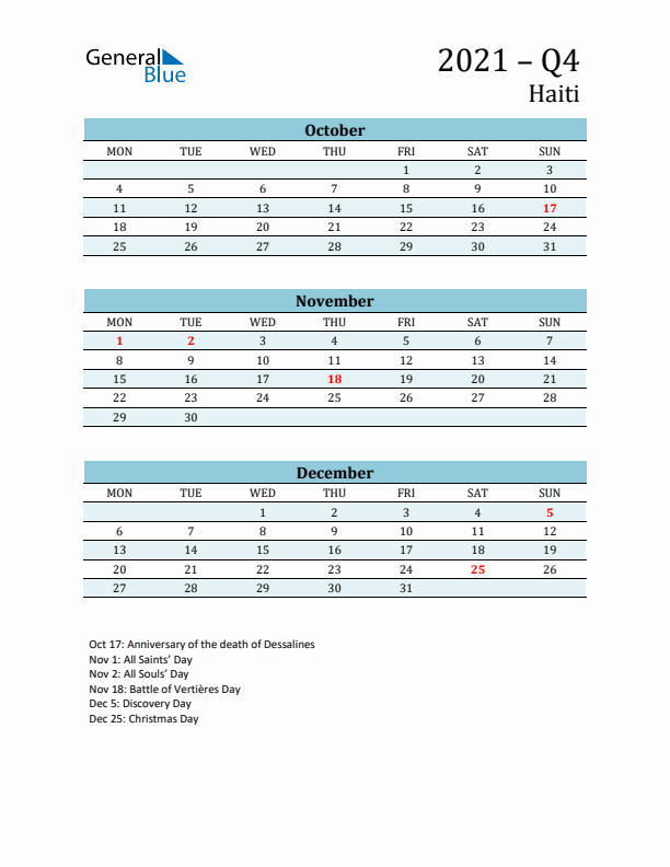 Three-Month Planner for Q4 2021 with Holidays - Haiti