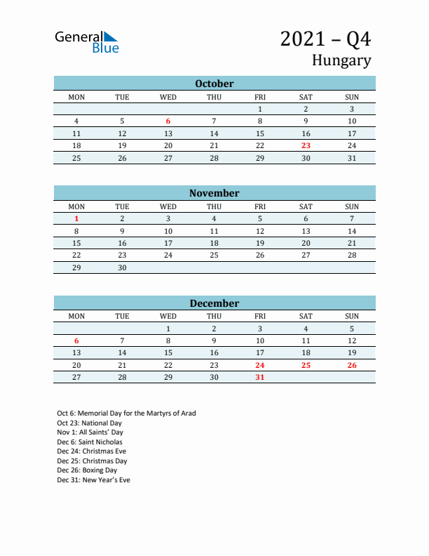 Three-Month Planner for Q4 2021 with Holidays - Hungary