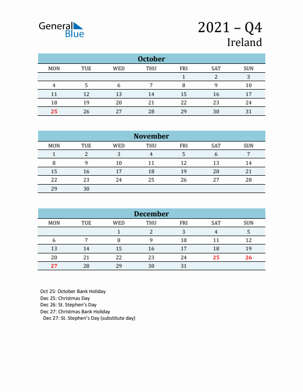Three-Month Planner for Q4 2021 with Holidays - Ireland