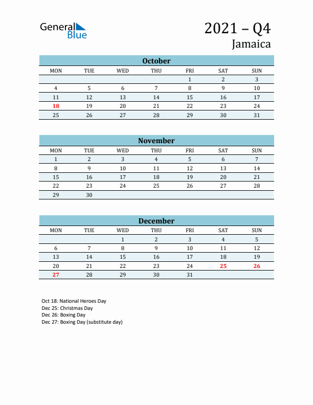 Three-Month Planner for Q4 2021 with Holidays - Jamaica