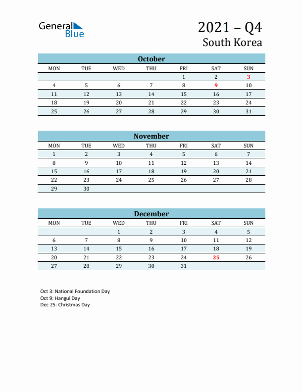 Three-Month Planner for Q4 2021 with Holidays - South Korea