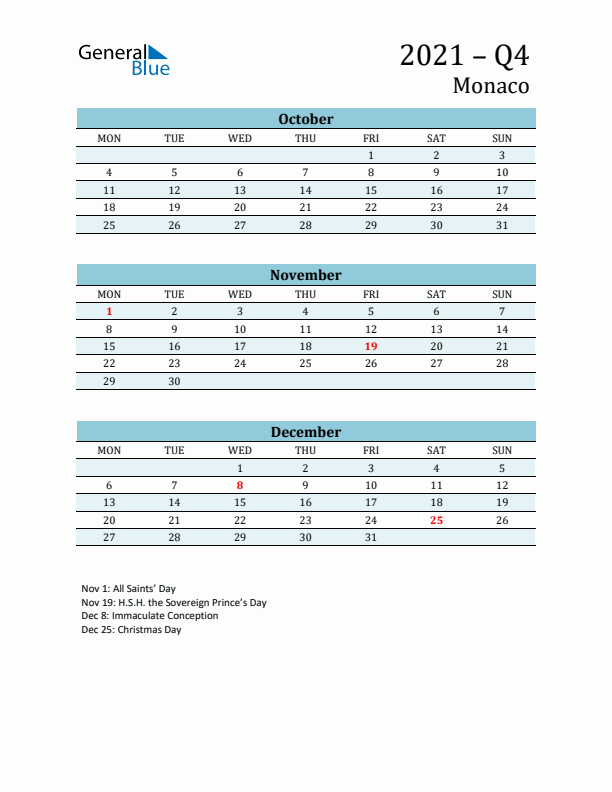 Three-Month Planner for Q4 2021 with Holidays - Monaco