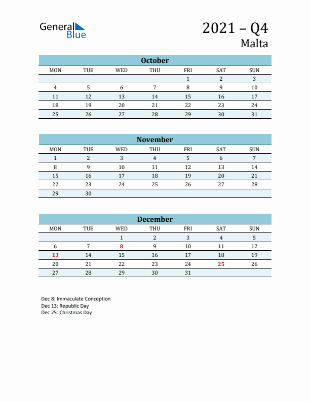 Three-Month Planner for Q4 2021 with Holidays - Malta