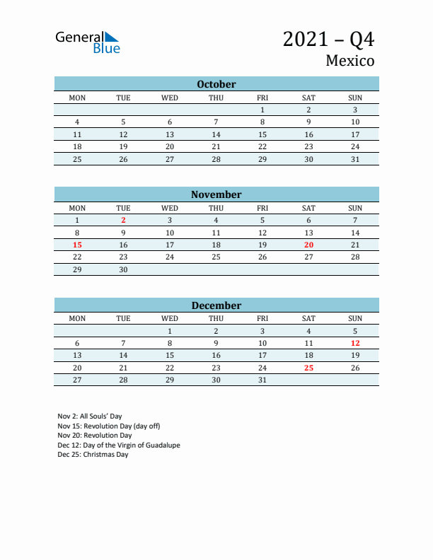 Three-Month Planner for Q4 2021 with Holidays - Mexico