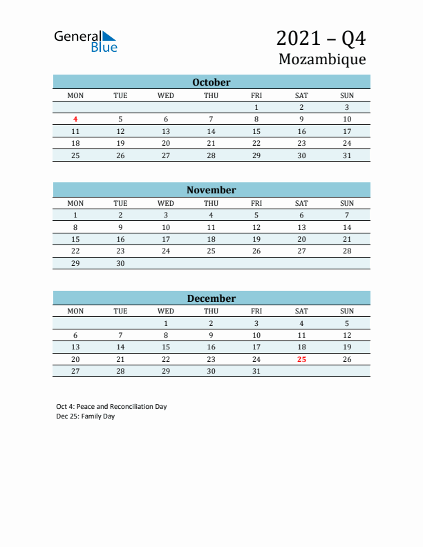 Three-Month Planner for Q4 2021 with Holidays - Mozambique