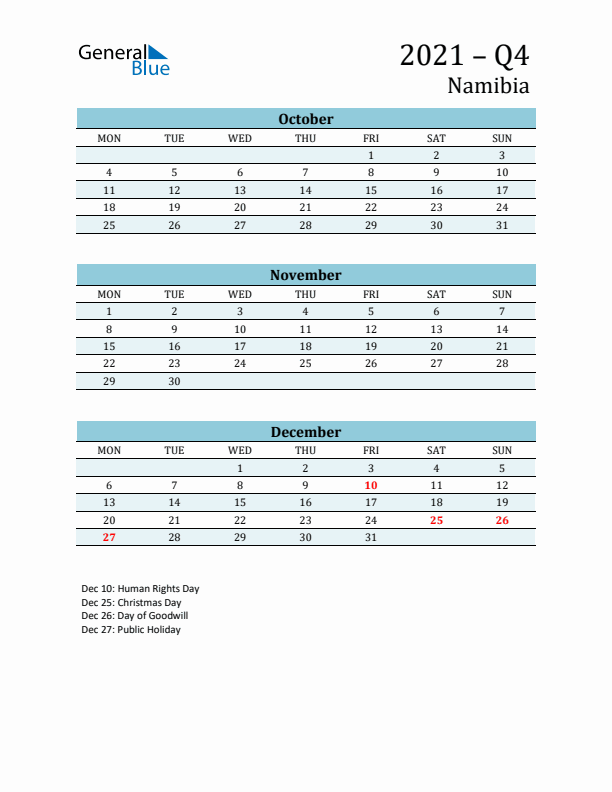 Three-Month Planner for Q4 2021 with Holidays - Namibia
