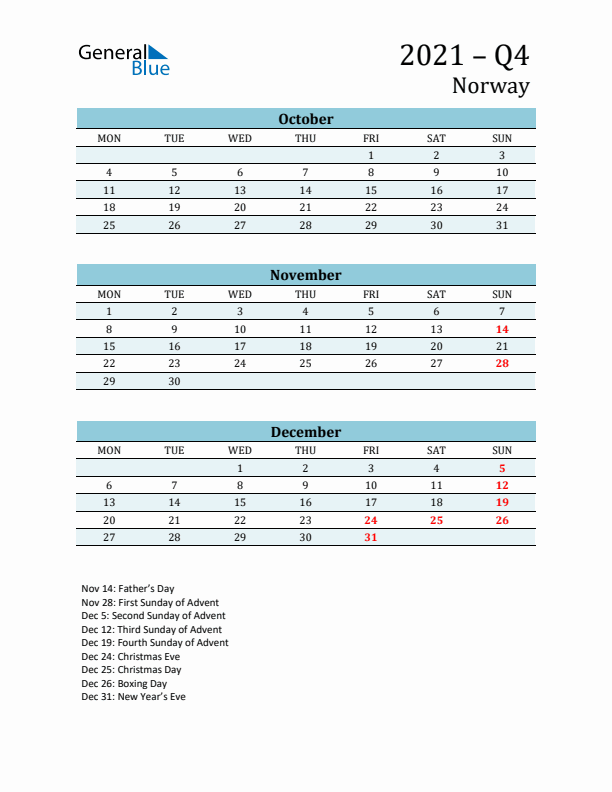 Three-Month Planner for Q4 2021 with Holidays - Norway